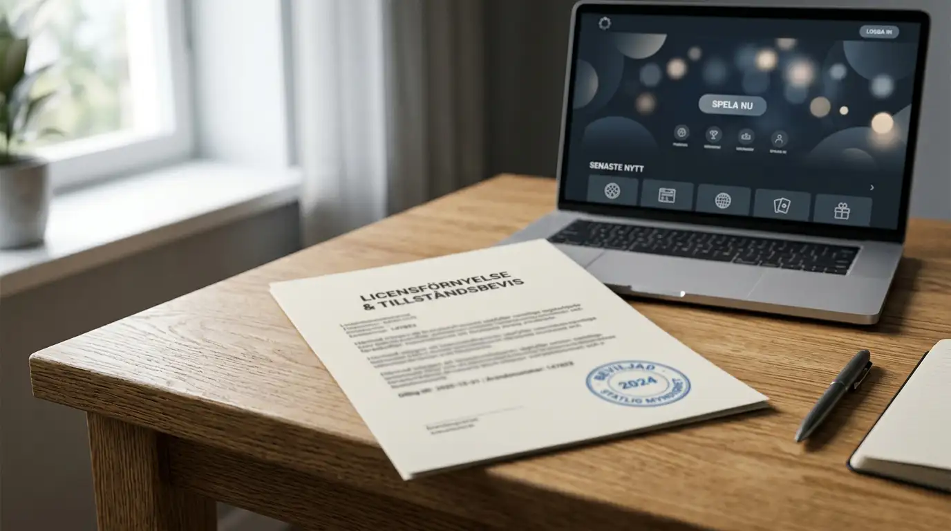 Symbolbild för casino utan spelpaus 2026 med licensdokument och laptop